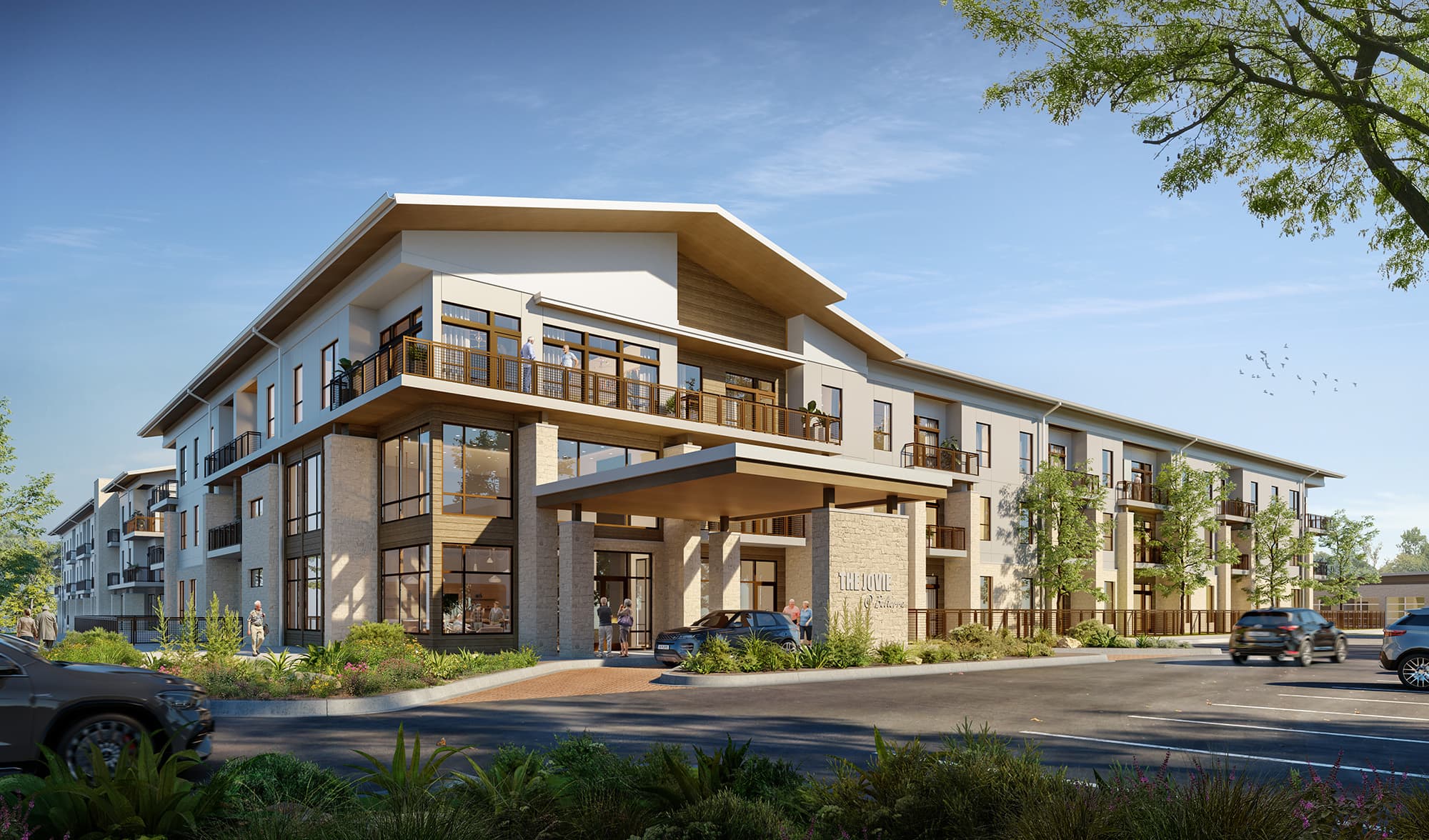 Austin, TX, Luxury Apartments - Jovie Belterra - Exterior View of the Community Entry and Building Exterior