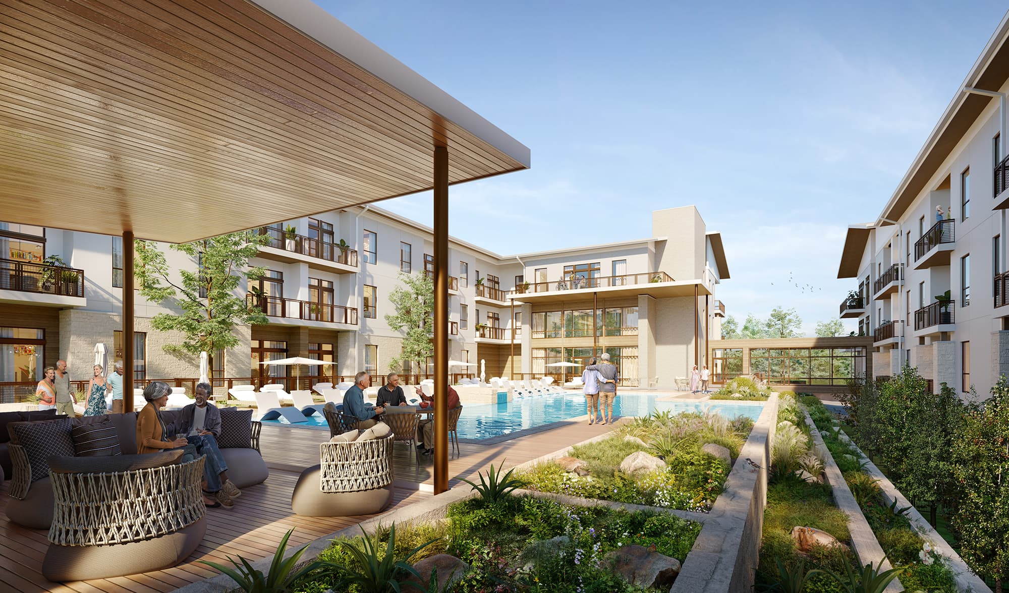 Austin Luxury Apartments - Jovie Belterra - Resort-Style Pool and Outdoor Seating with Greenery and View of Building Exterior