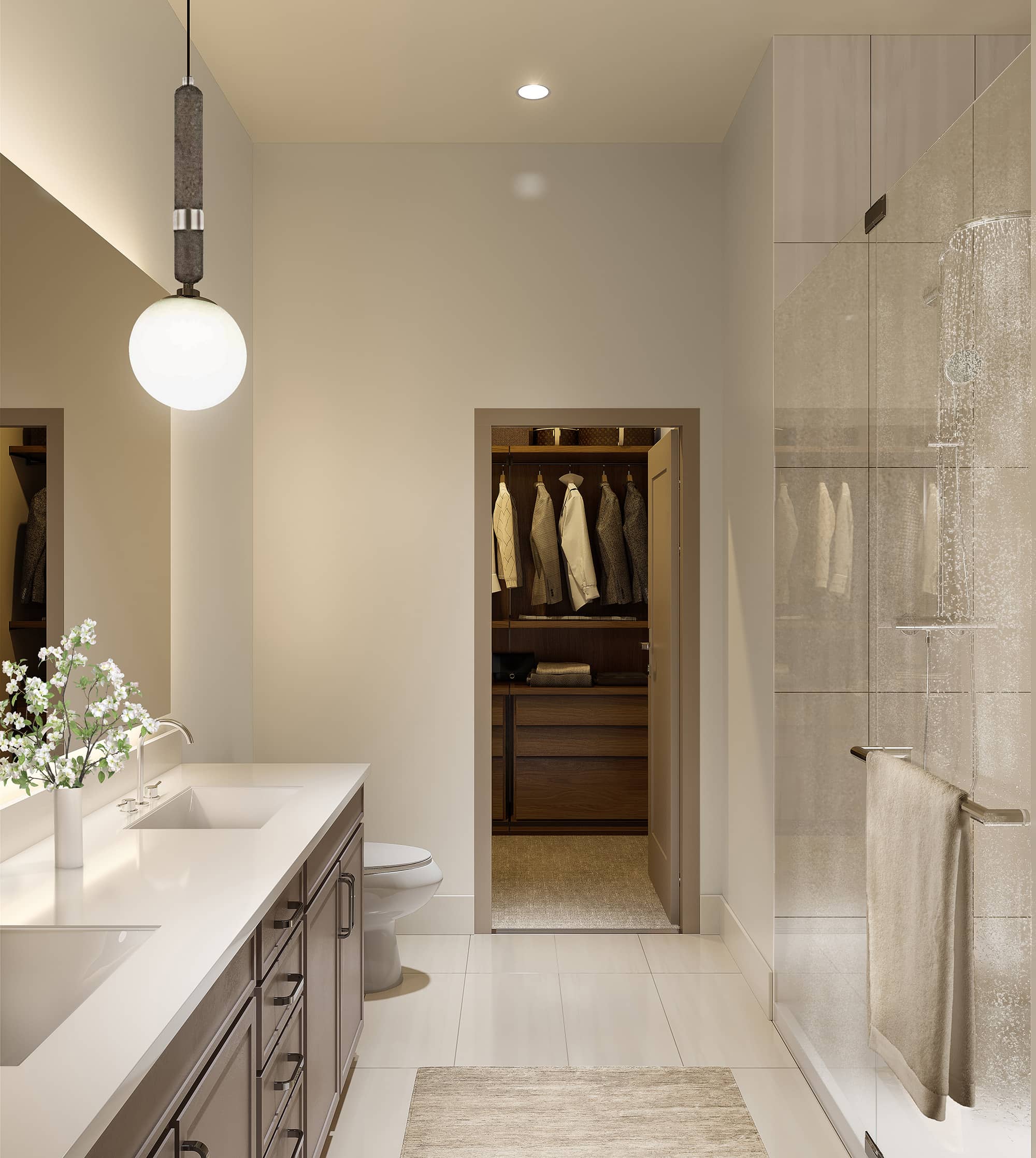 Luxury Apartments in Austin for Rent - Jovie Belterra - Spa-Style Bathroom with Double Vanity, Glass Shower Door, and Walk-In Closet